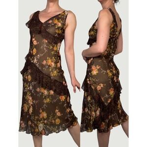 Laundry by Shelli Segal Silk Floral Leopard Print Ruffle Midi Dress Vintage Y2K